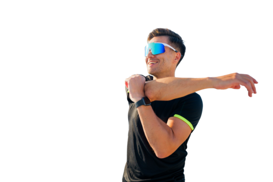 Stretching muscles in preparation for exercise during outdoor fitness session