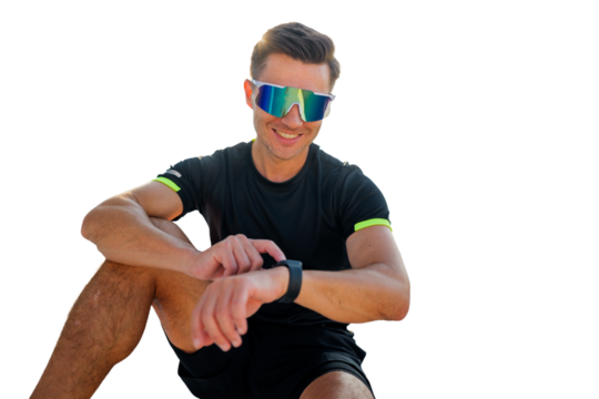 Enthusiastic athlete checking fitness watch, transparent background.