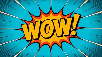 Comic style wow text explosion on blue radial background