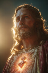 Sacred Heart of Jesus Christ Devotion with divine light and heart glowing