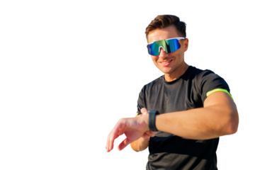 Athlete checking smartwatch during, transparent background.