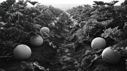 Rows of melons nestled in leafy vines, stretching into the distance in monochrome