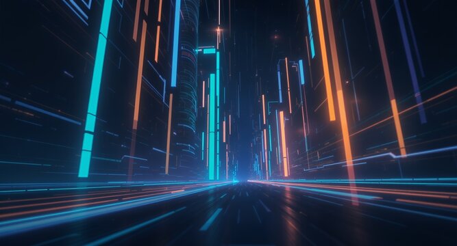 Futuristic Neon Cityscape with Light Trails and Speeding Motion Blur - Powered by Adobe