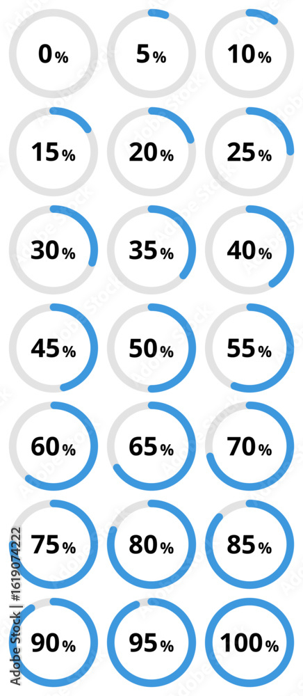 Poster vector set of blue circular progress indicators ranging from 0 to 100 percent, designed for dashboar