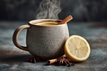 Cup of hot lemon tea with cinnamon garnish steaming on the table in the soft light of early morning