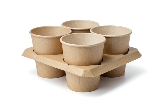Four kraft paper cups held in cardboard carrier, perfect for takeaway delivery orders. Portable container designed for hot beverages like coffee, offering convenience for cafes, eateries. Neutral