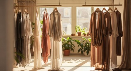Chic natural linen clothing collection displayed on rack bathed in warm sunlight, evoking serene elegance