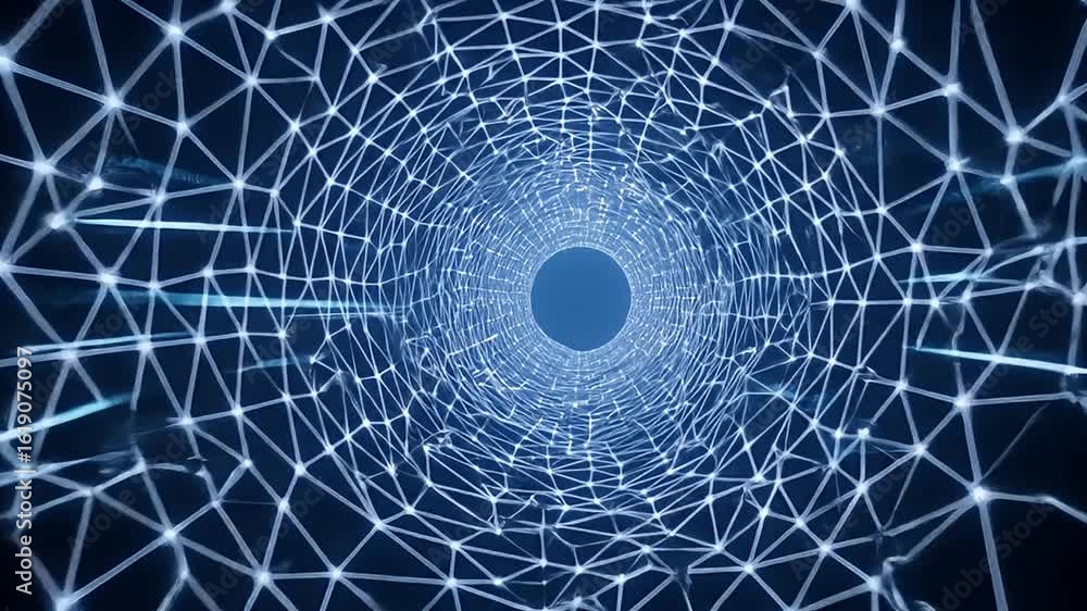 Poster digital network tunnel: futuristic depiction of an intricate digital network tunnel, evoking a sense