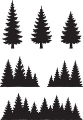 A vector illustration of set of evergreen coniferous forest trees silhouette isolated on white background for design