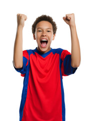 Excited young boy cheering with raised fists wearing red and blue soccer jersey isolated on transparent background for sports and celebration concepts. 