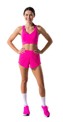 Fit sports woman, wearing bright pink athletic outfit,  smiling confidently while standing with hands on hips isolated on transparent background for sports and fitness branding. Full length portrait. 