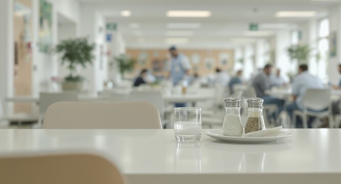 Clean Table Setting with Salt and Pepper in Bright Modern Cafeteria Dining Hall Environment wit