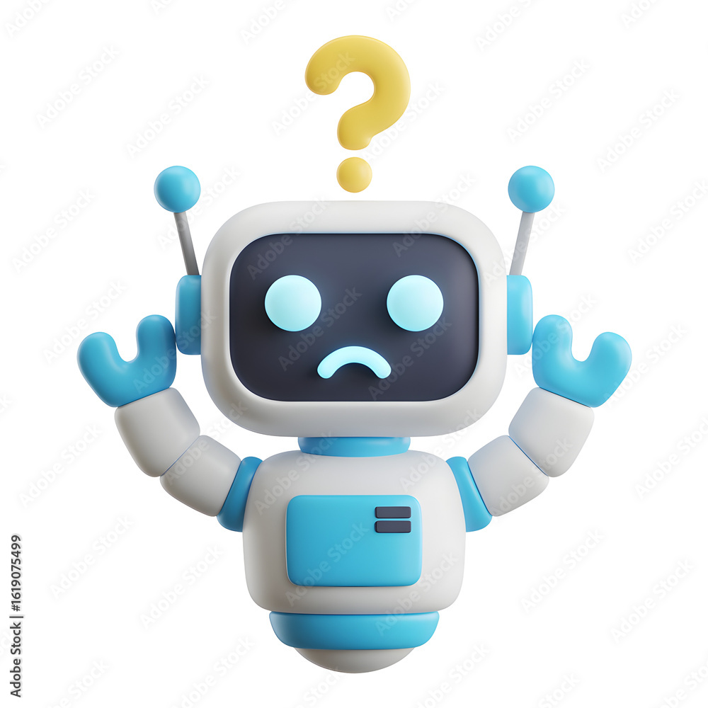Poster confused robot with question mark overhead expresses uncertainty and bewilderment in a charming 3d s