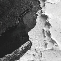 Close-up of textured, contrasting black and white surfaces meeting jaggedly