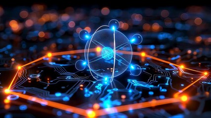 Abstract representation of an atom overlaid on a circuit board with bokeh effects and an orange glow - Powered by Adobe