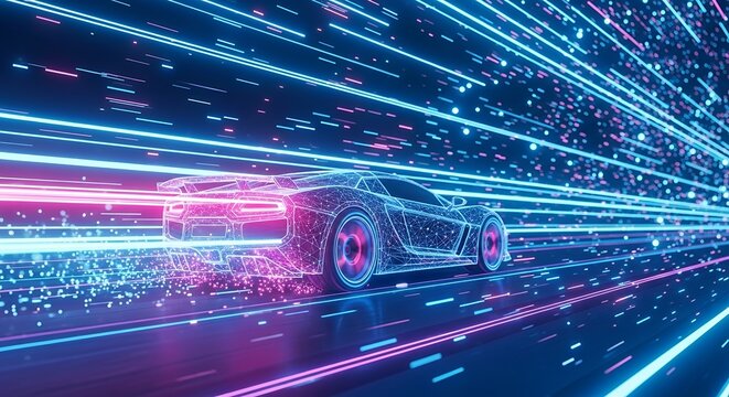 Futuristic Sports Car Speeding Through Cyberspace with Neon Lights