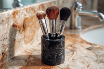 Three makeup brushes are arranged in a decorative marble holder on a marble countertop in bathroom