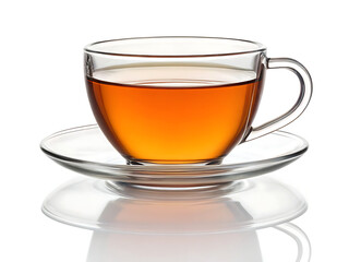 A clear glass cup filled with amber liquid sitting on a clear glass saucer on a white background