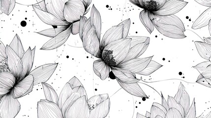 Floral pattern with stylized lotuses, drawn in ink, on white background with black dots