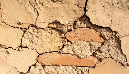 Fototapeta premium Cracked Plastered Wall Texture with Exposed Brick in Warm Sunlight Background