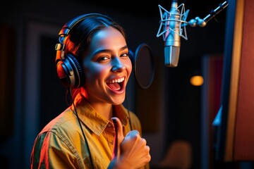 Happy woman recording podcast in studio with microphone and headphones giving thumbs up