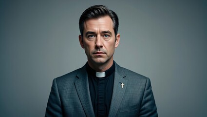 Portrait of a handsome priest in suit with clerical collar looking at the camera shot