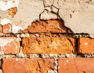 Red Brick Wall with Damaged Plaster Showing Weathered Texture and Vintage Design