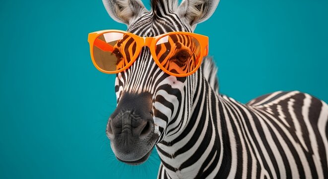 Striped Animal Wearing Stylish Orange Sunglasses on Turquoise Background