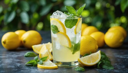 Refreshing lemonade with mint leaves, ice in tall glass. Fresh lemons surround beverage on dark rustic table. Citrus drink with mint offers cool refreshment, natural taste, perfect for parties summer