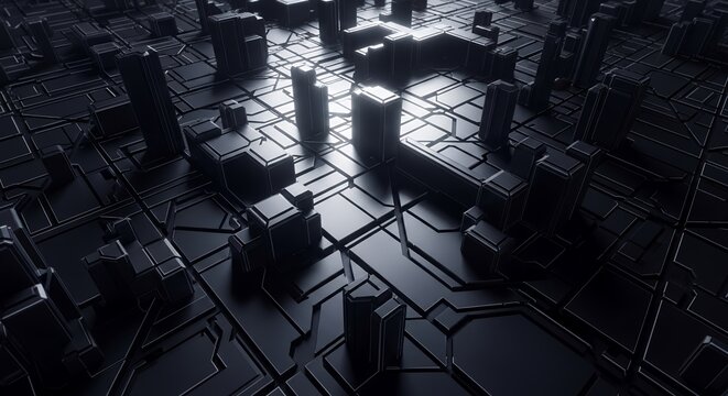 Abstract 3D Render of Dark Geometric Shapes and Blocks