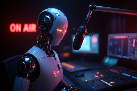 Ai robot podcasting on air in studio with microphone and audio mixing console setup