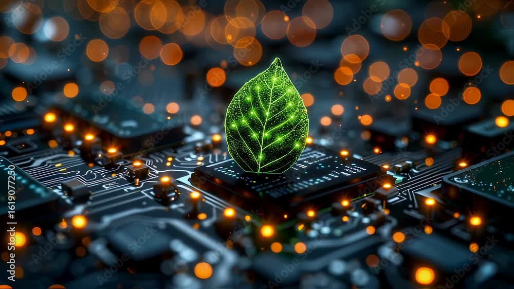 Poster a conceptual image merging nature and technology, showing a leaf and circuit board
