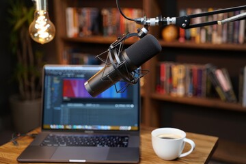 Podcast recording setup with microphone laptop and coffee for content creation home studio