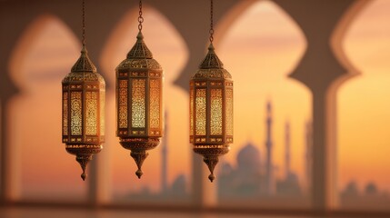Ornate lanterns hang in a mosque at sunset