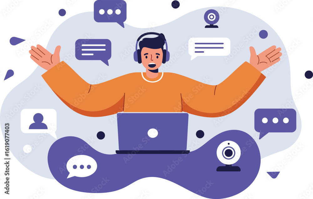 Aufkleber customer service representative working remotely with headset and multiple chat icons around vector 