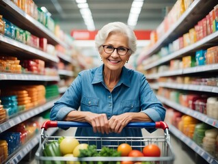 Senior woman grocery shopping smiling in supermarket aisle buying healthy food items