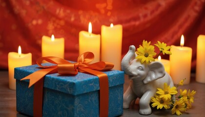 Blue gift box with orange bow tied. White elephant figurine with yellow flowers sits near lit candles. Festive atmosphere with red patterned background. Perfect for holiday celebrations romantic