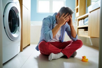 Stressed man in laundry room with washing machine and rubber duck feeling overwhelmed