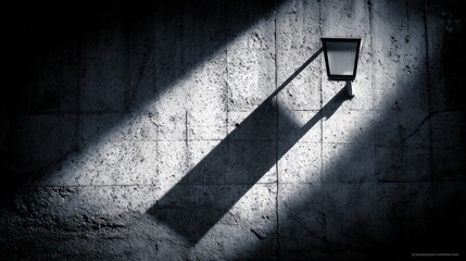 Lit street lamp casts a stark shadow on a rough, textured stone wall in monochrome