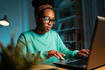 Young woman working on laptop at night studying online with glasses and headband