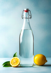 Fresh Lemon Water in Glass Bottle with Sliced Lemon and Leaves