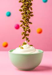 Creamy Yogurt with Pumpkin Seeds on Colorful Background