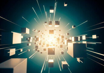 Abstract Explosion of Light and Cubes in Digital Space Environment