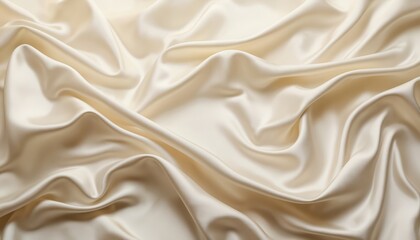 Luxurious flowing silk fabric in soft cream color exhibits smooth, elegant texture with gentle waves, folds. Textile satin finish, embodying luxury, sophisticated design suitable for high-end