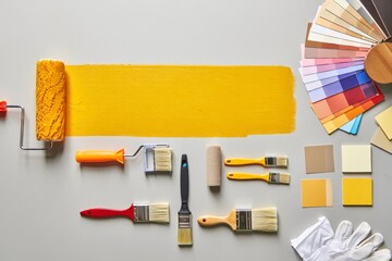 Painting supplies and color swatches for home improvement and interior design projects