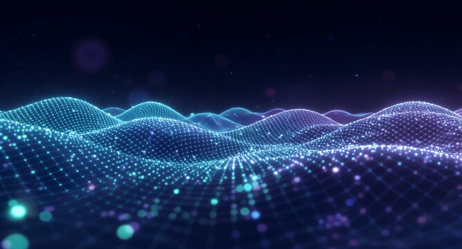 Abstract Digital Landscape Glowing Waves of Light