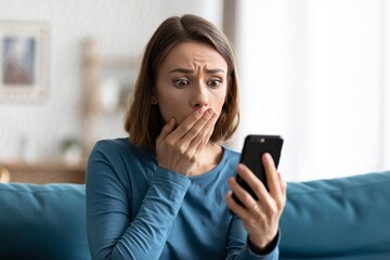 Shocked woman looking at phone bad news online scam social media anxiety mobile app
