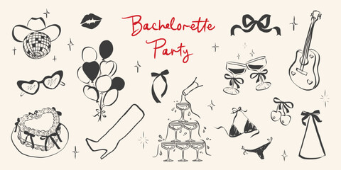 Fototapeta premium Birthday party set in hand drawn coquette style. Whimsical chalk doodles for girls bachelorette. Crayon drawing for menus and invitations. Doodle aesthetic vector illustration