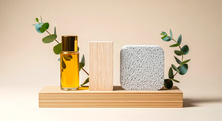 Aromatherapy Essential Oil with Decorative Elements on Wooden Display