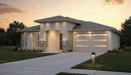 Modern single-story house in and light gray tones. Features stone accents, black shingle roof, and concrete driveway with open garage. Rich green field and trees glow under sunset hues.